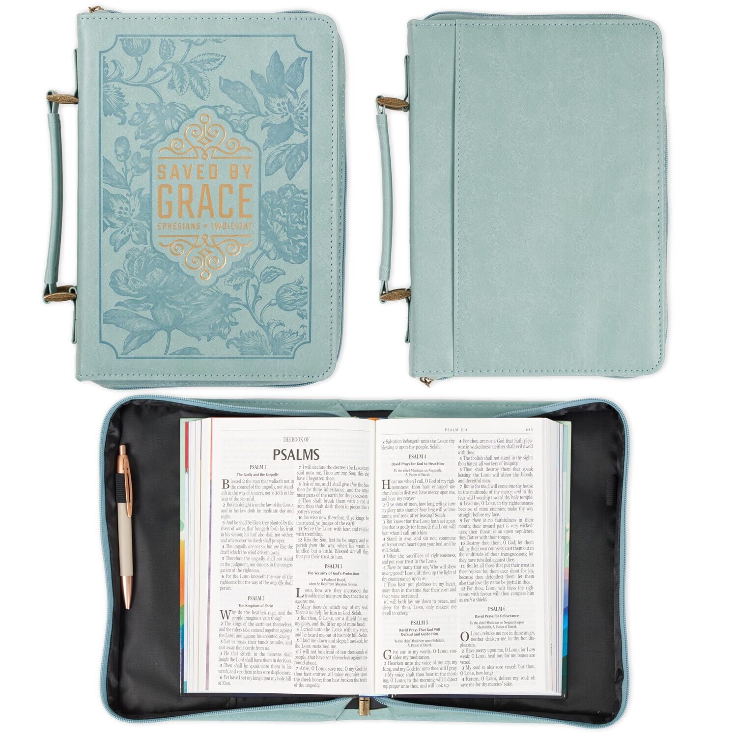 CAG Fashion Vegan Leather Bible Cover for Women: Saved by Grace - Teal, Large