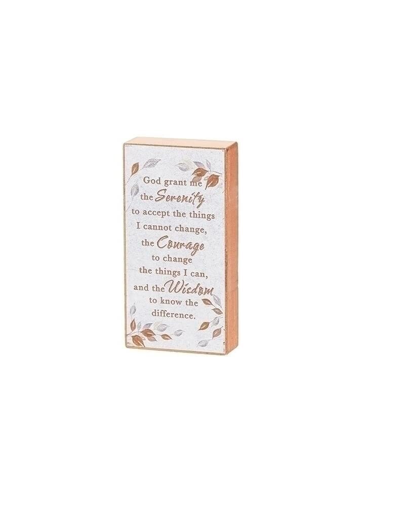 Roman Serenity Prayer Block, 4-inch Height, Wood, White and Brown, For Decorative Use, Religious Items