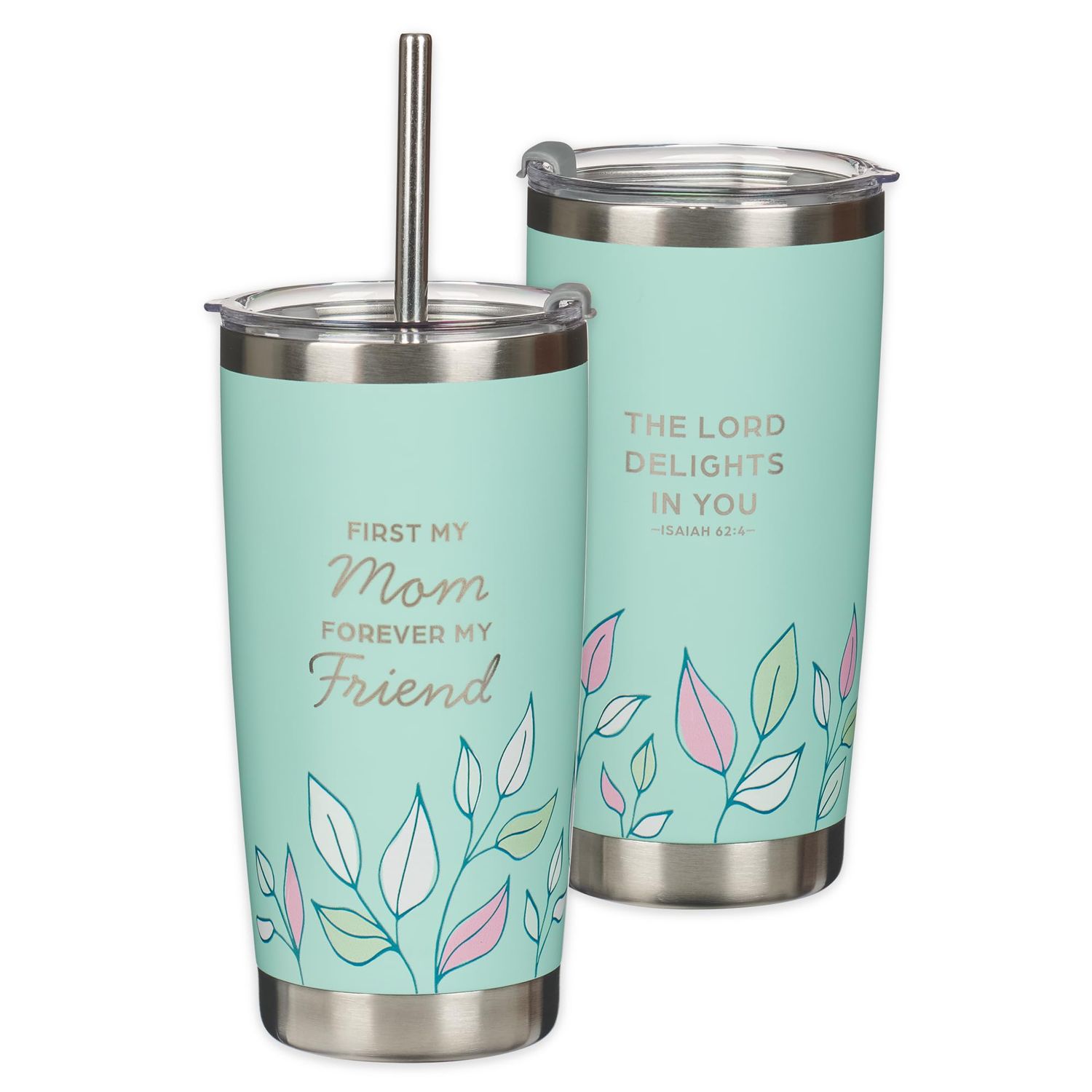 Reusable Stainless Steel Tumbler Travel Mug w/Straw for Mothers: Hot/Cold, Cute Mint Green Floral, 18 oz.