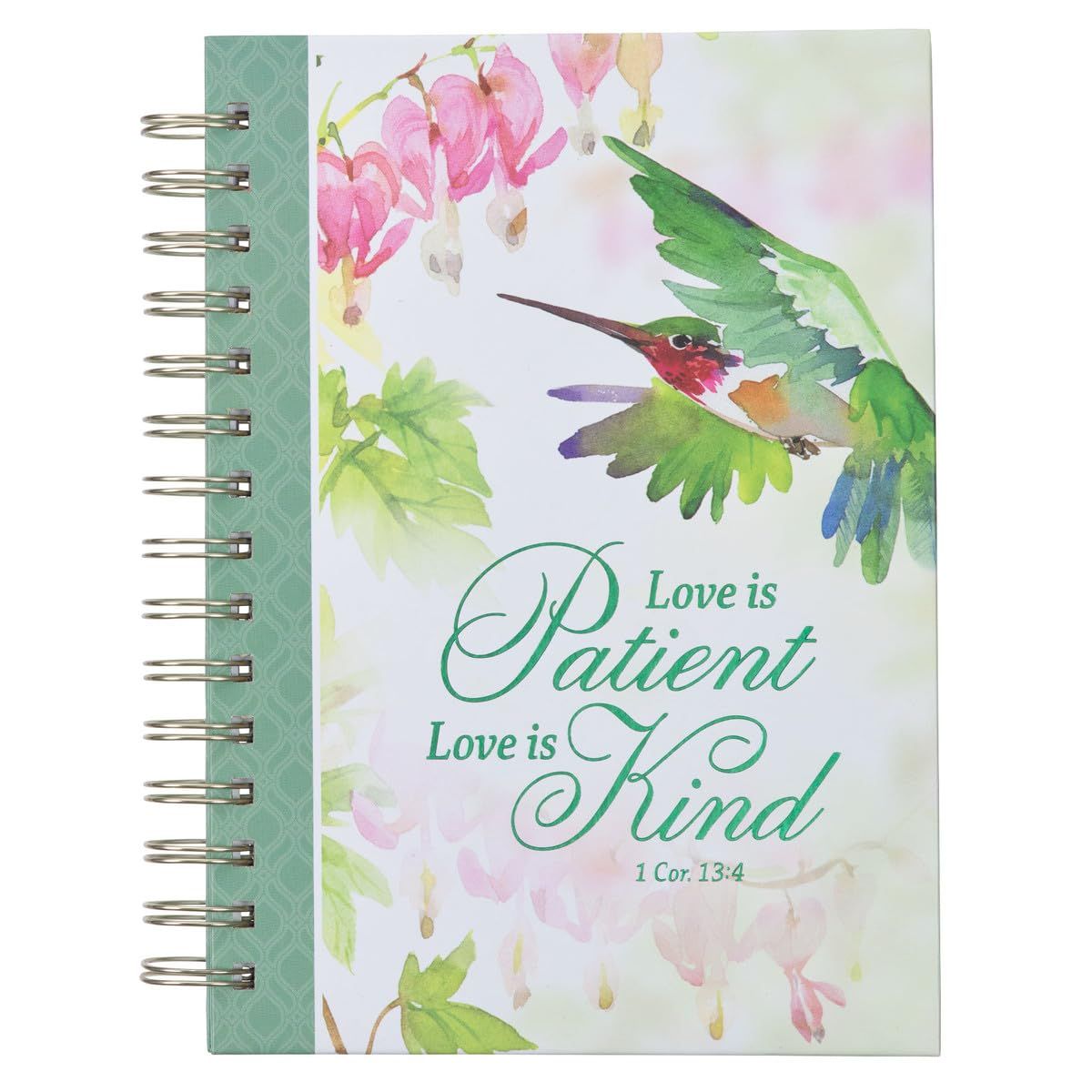 Green Journal w/Scripture Love Bible Verse Large Notebook, 192 Ruled Pages, 1 Cor. 13:4 Bible Verse