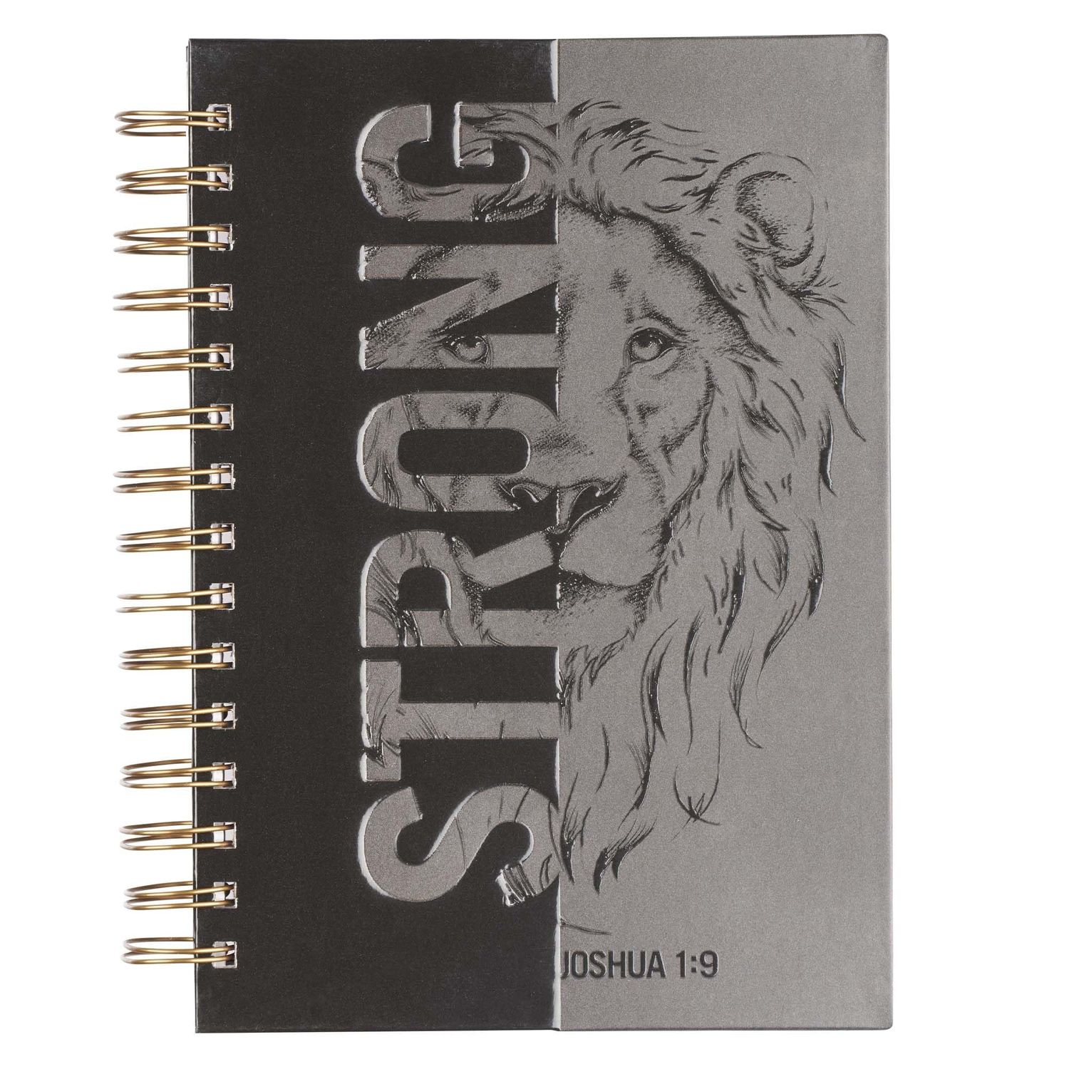 Journal Strong Lion Joshua 1:9, Black and Gray 192 Ruled Pages, Large Hardcover Notebook, Wire Bound