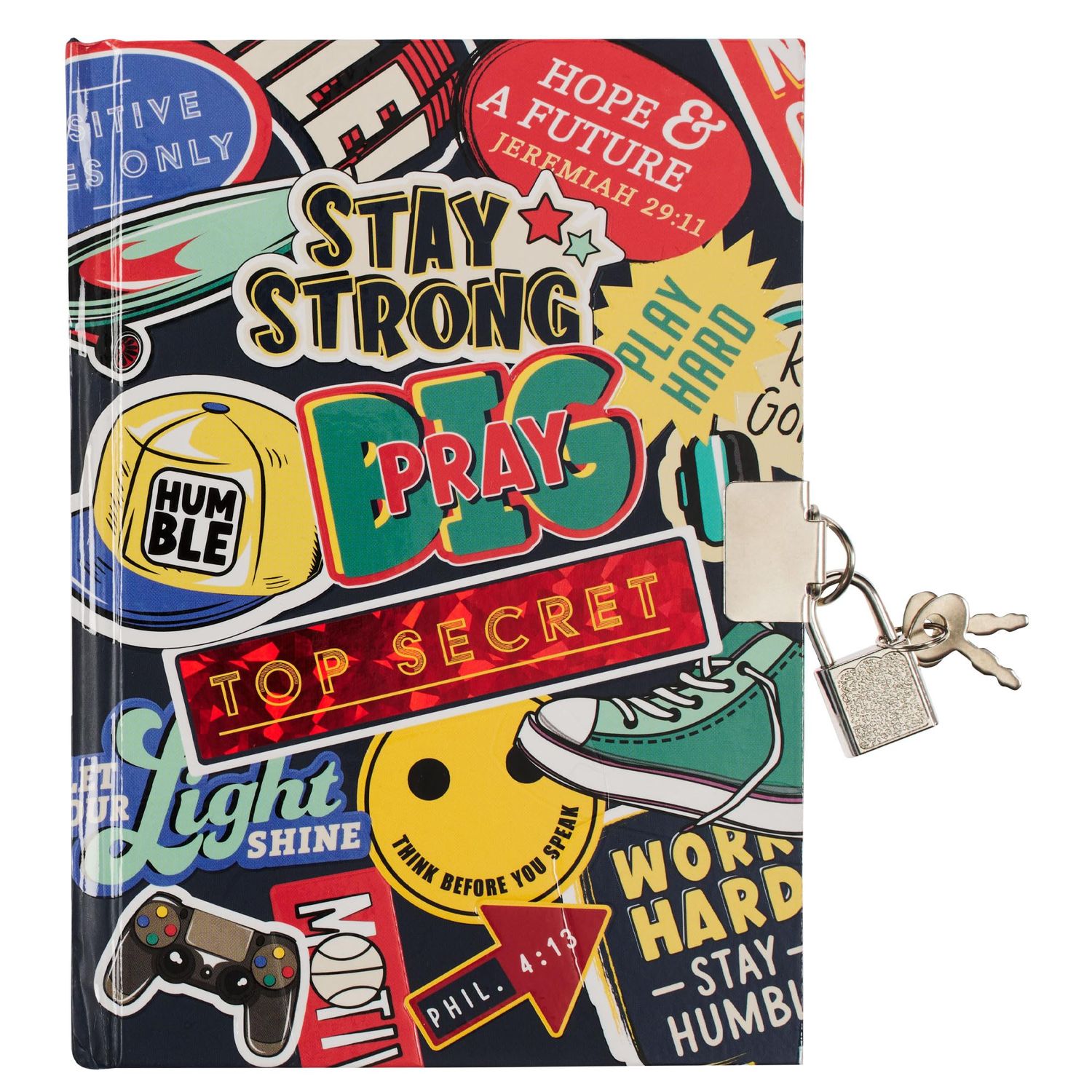 Secret Diary with Lock/Keys, Boys Interactive Christian Blue Journal, Tween Be Strong Joshua 1:9 Bible Verse