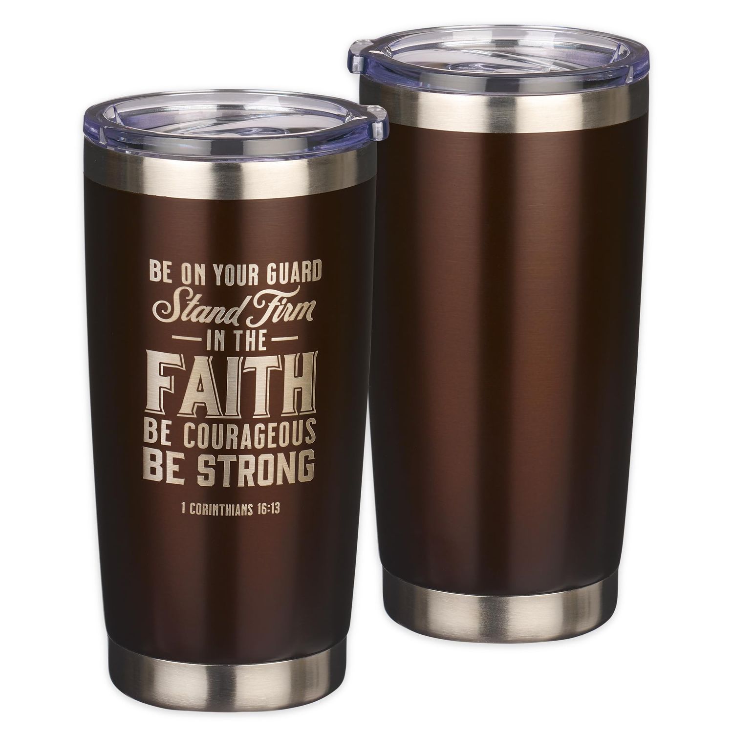 Travel Mug with Retractable Lid for Women &amp; Men: Stand Firm -1 Corinthians 16:13 Brown
