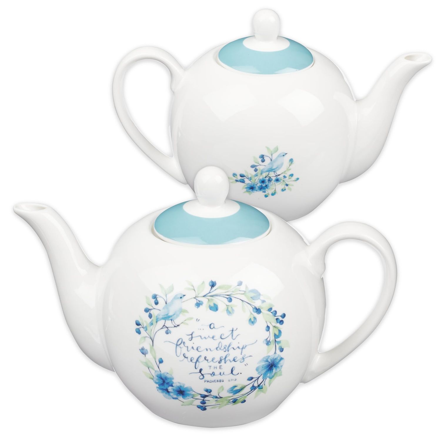Women's Ceramic Floral Teapot: Sweet Friendship - Proverbs 27:9 Inspirational Bible Verse Blue Wreath, 30 oz.