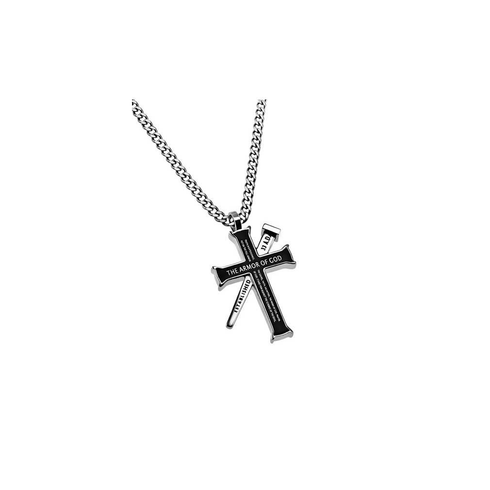 Necklace - Blk Established Cross/Nail - Armor Of God (Mens) (24")