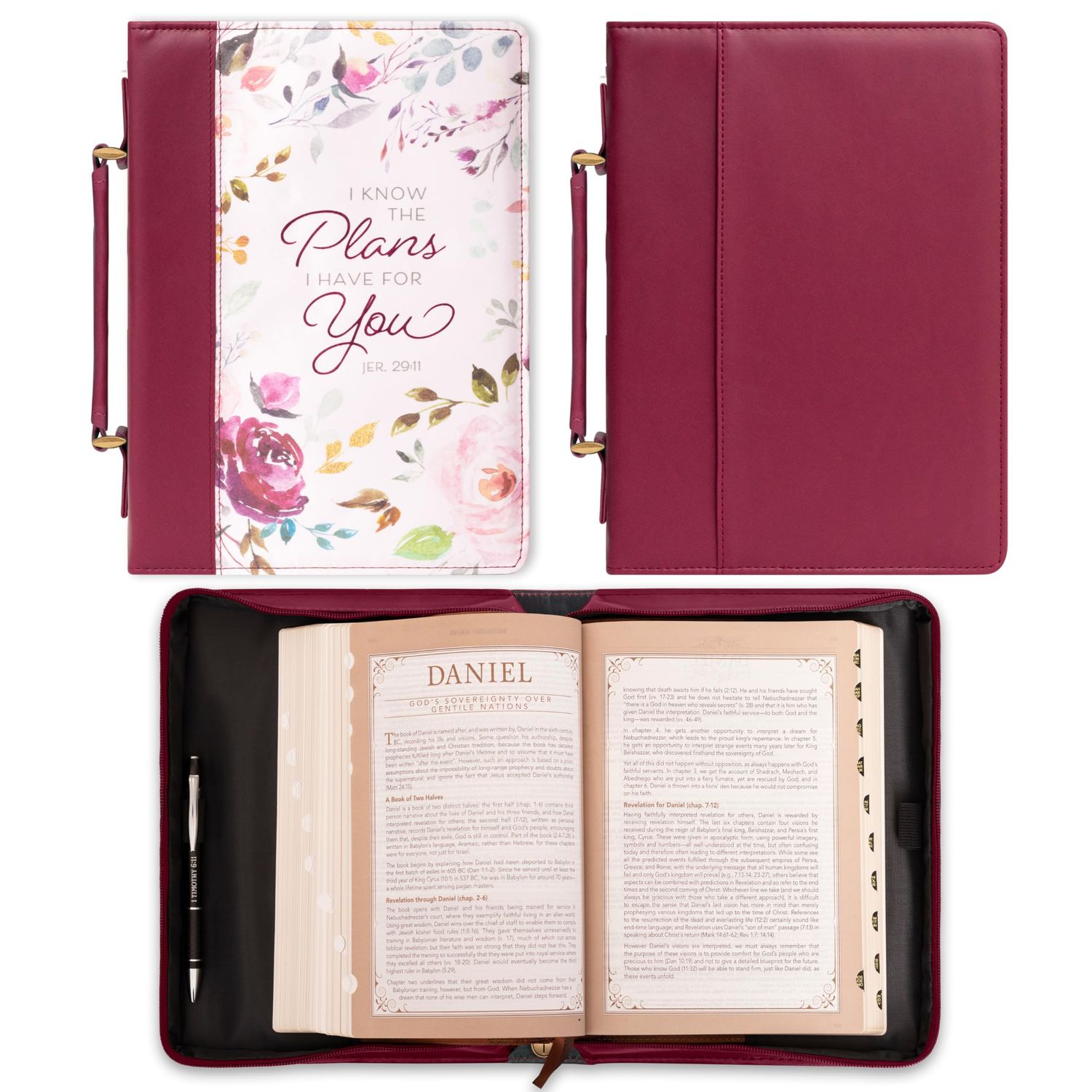 Christian Art Gifts Fashion Bible Cover I Know the Plans Floral Jeremiah 29:11 Faux Leather, Pink/Plum, Medium