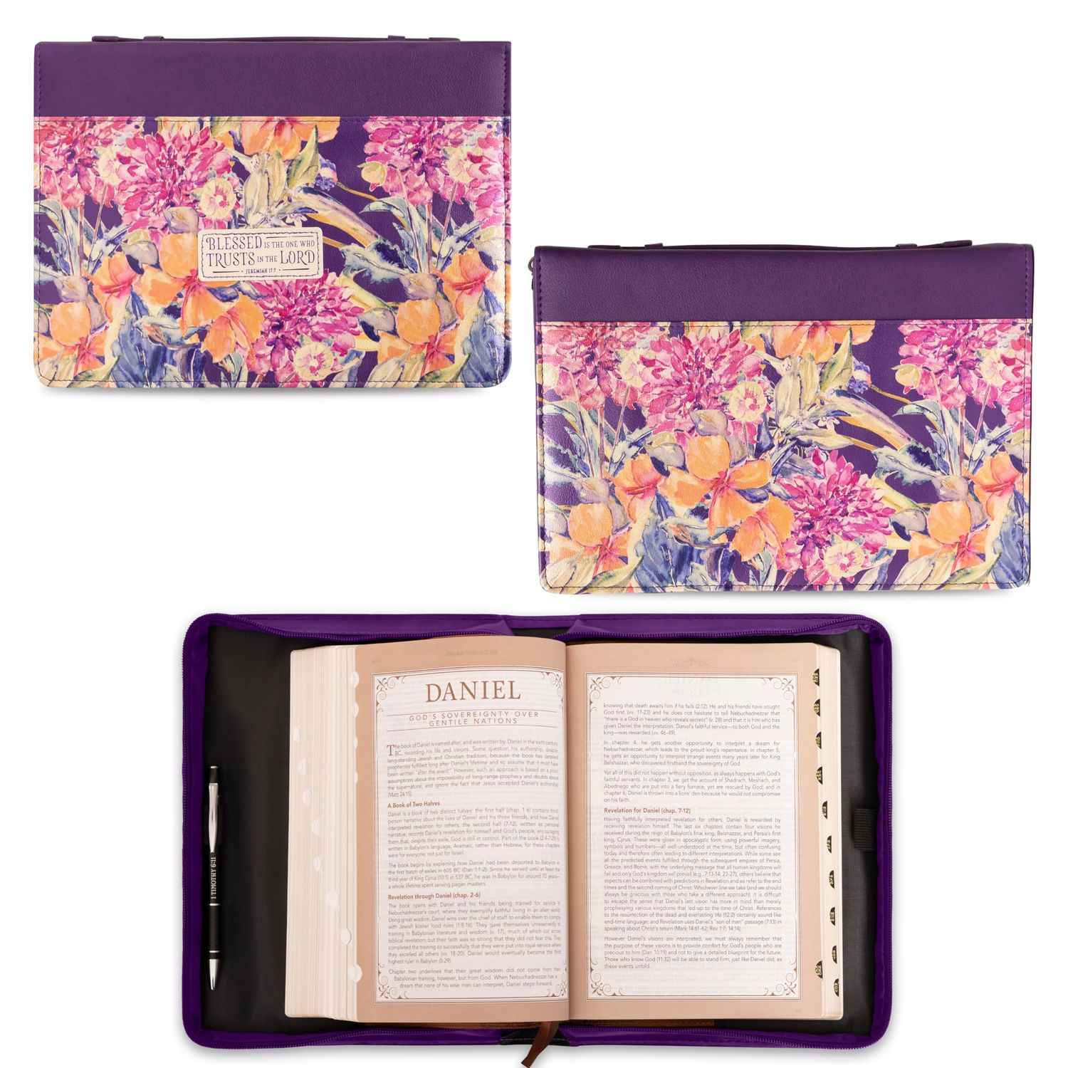 Women&#39;s Fashion Bible Cover Blessed is The One Jeremiah 17:7, Purple Floral Faux Leather, Medium
