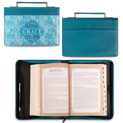 Teal Vegan Leather Fashion Bible Cover for Women: God&#39;s Grace Be with You - Inspirational Book Carry Case
