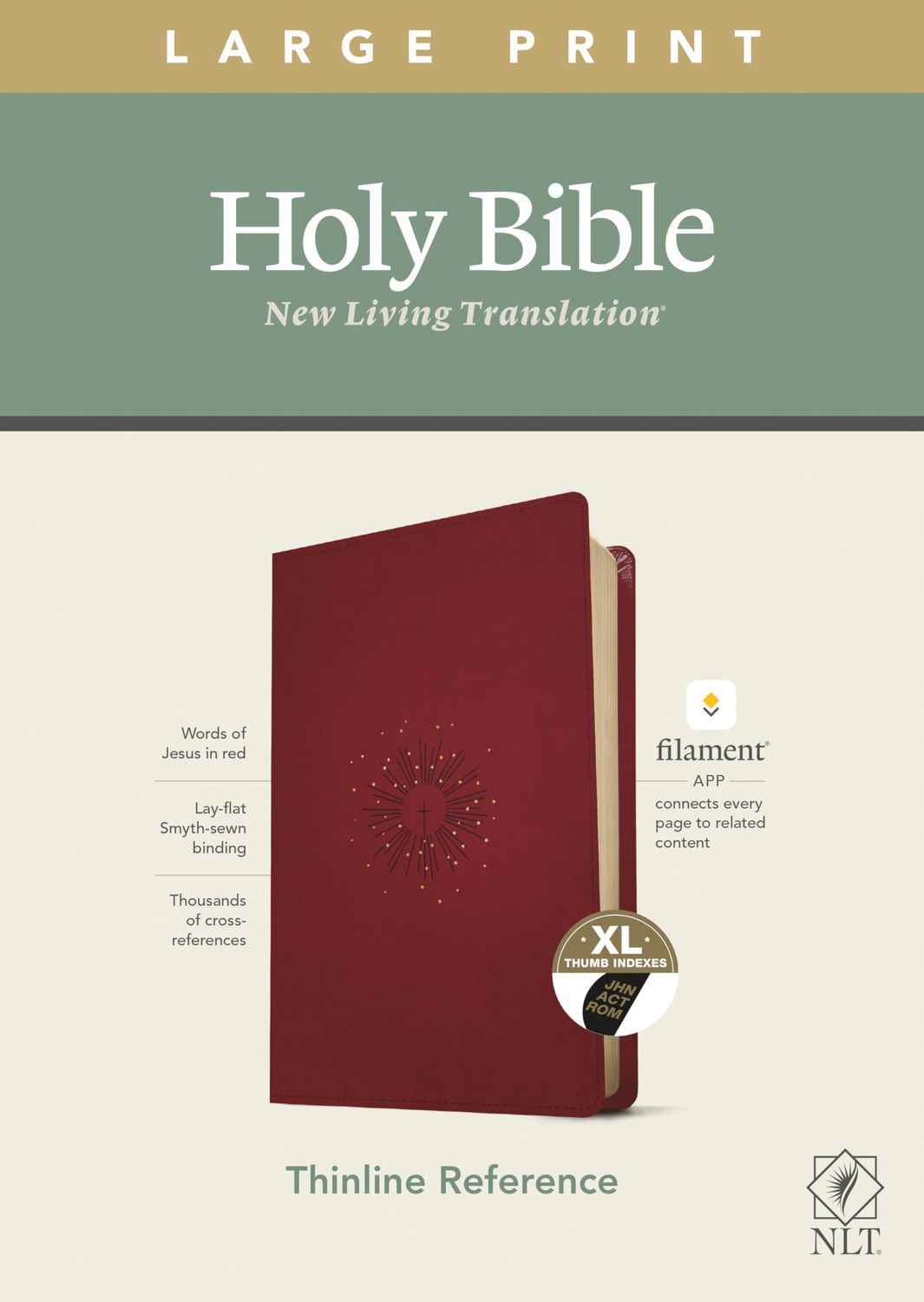 NLT Large Print Thinline Reference Bible, Filament Enabled (LeatherLike, Aurora Cranberry, Red Letter)