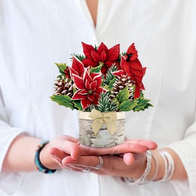 6&quot; Mini Birch Poinsettia, Paper Flower Bouquet, 3D Popup Greeting Cards with Note Card &amp; Envelope