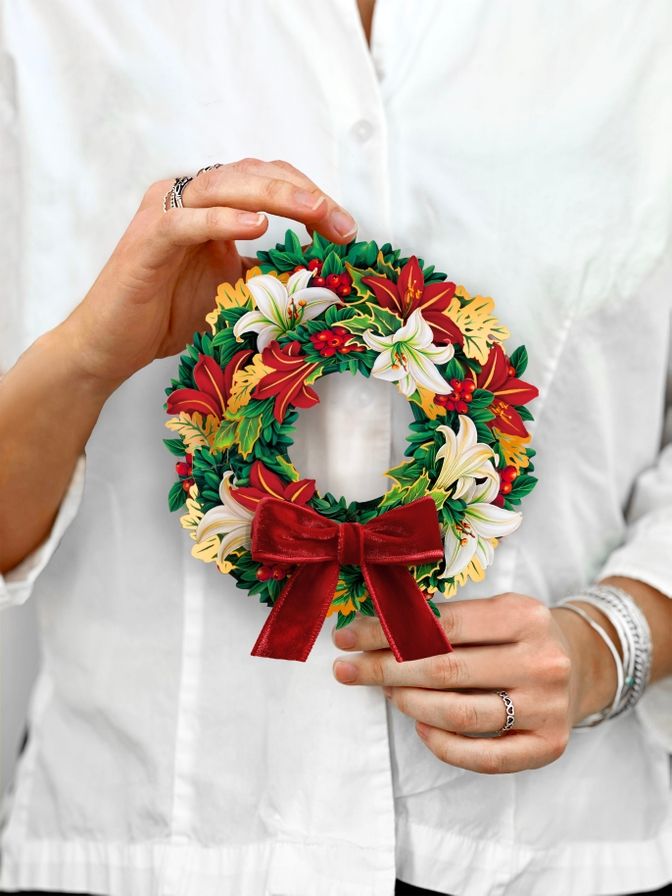 6&quot; Mini Winter Joy Wreath, Paper Flower Bouquet, 3D Popup Greeting Cards with Note Card &amp; Envelope