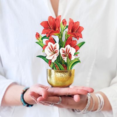 6&quot; Mini Scarlet Amaryllis, Paper Flower Bouquet, 3D Popup Greeting Cards with Note Card &amp; Envelope