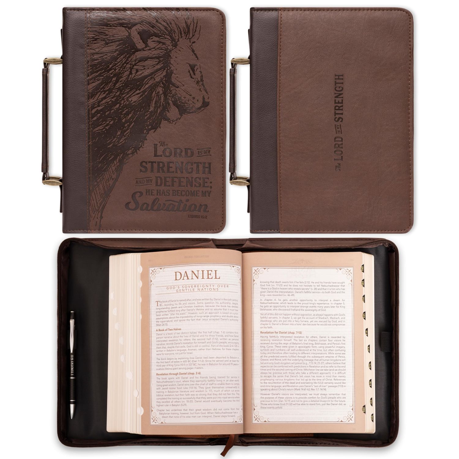 Strength and Defense Walnut-Brown Faux Leather Classic Bible Cover XLarge - Exodus 15:2