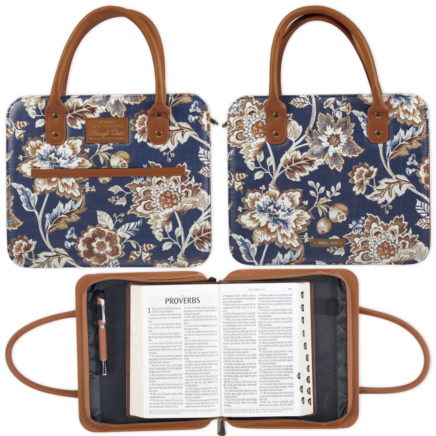 I Can Do All Things Toffee-brown and Navy Purse-style Bible Cover Medium - Philippians 4:13