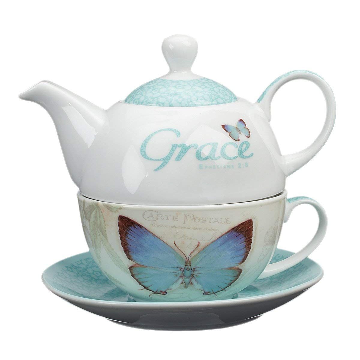 Grace Blue Butterfly Blessings Tea Set for One - Ephesians 2:8