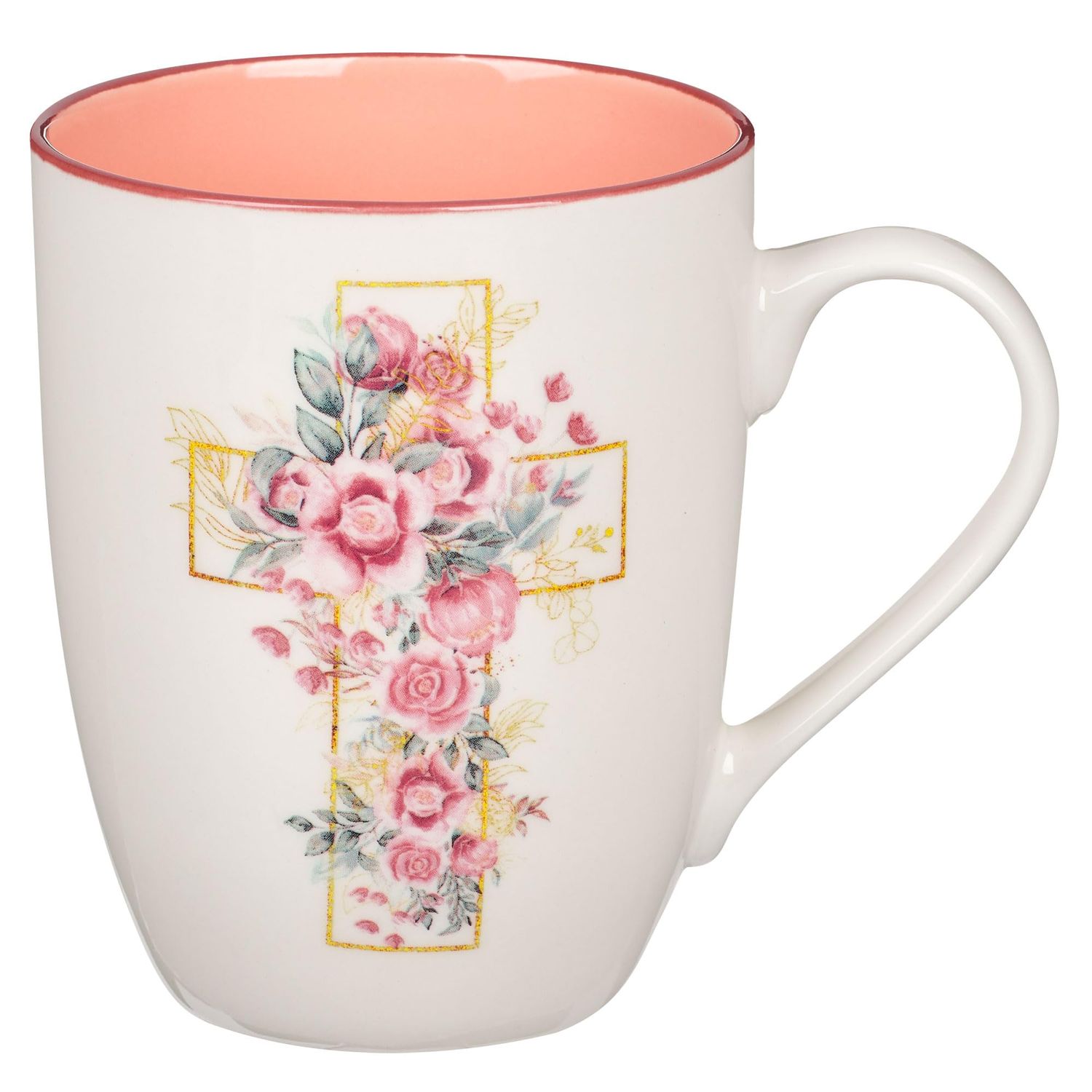 Pink Floral Cross Ceramic Coffee Mug, White, 12oz