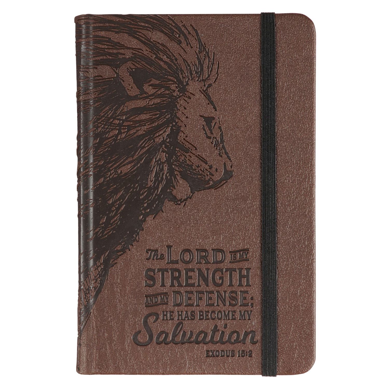 Strength and Defense Lion Walnut-Brown Faux Leather Hardcover Notebook with Elastic Band Closure - Exodus 15:2