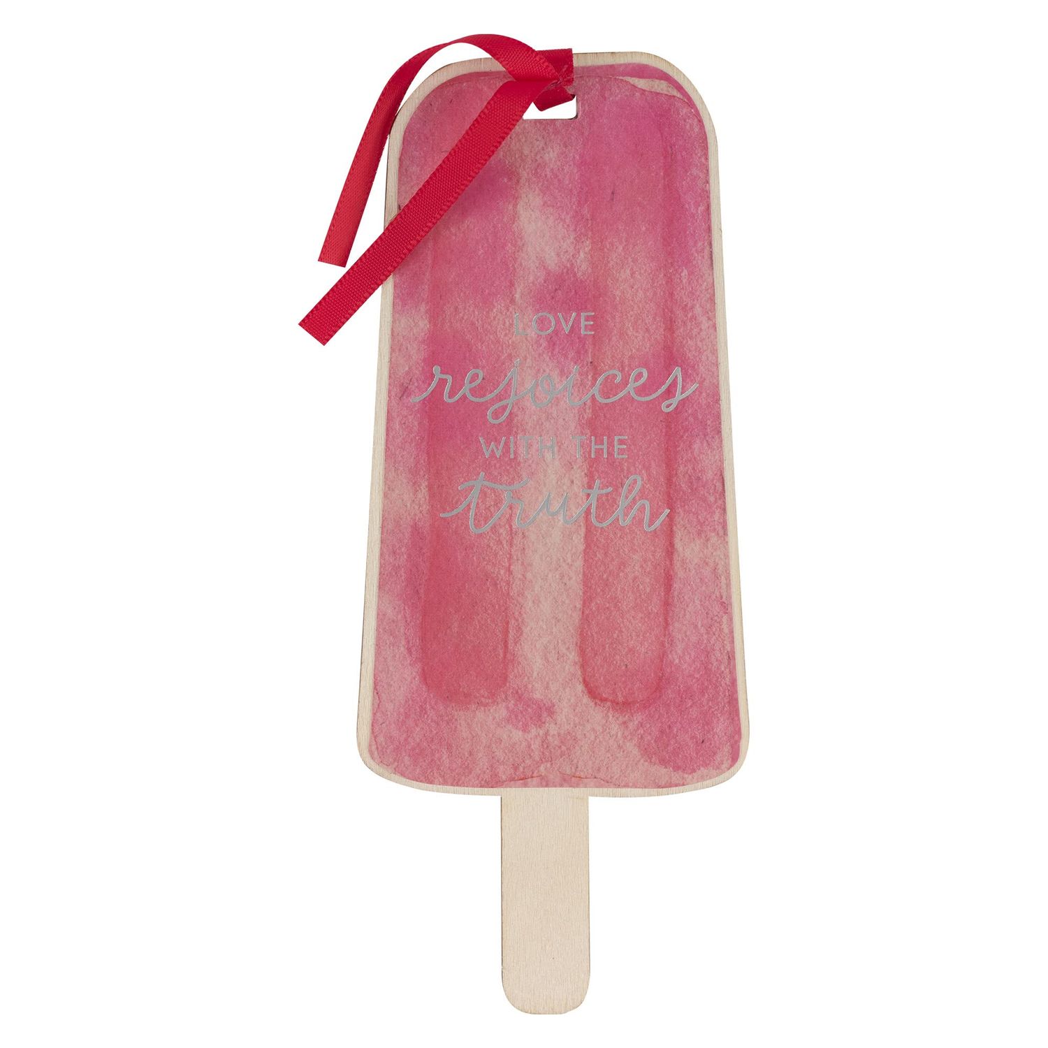 Inspirational Wooden Popsicle Scripture Bookmark w/Satin Ribbon, Pink/Red, Love Rejoices with The Truth