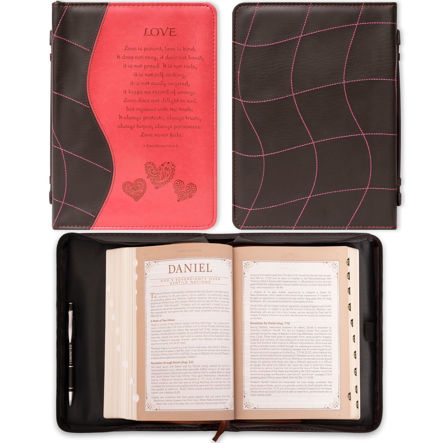 Love Pink Faux Leather Bible Cover - 1 Corinthians 13:4-8 (Medium)