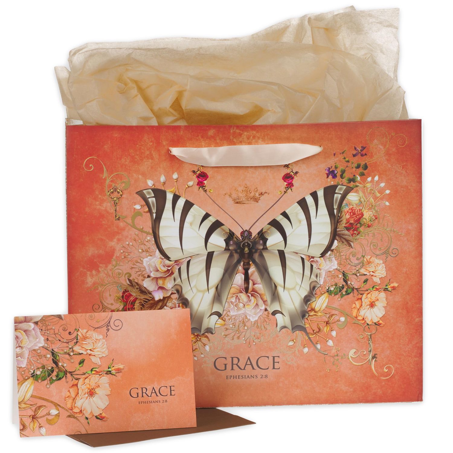Grace Butterfly Orange Large Landscape Gift Bag with Card Set - Ephesians 2:8