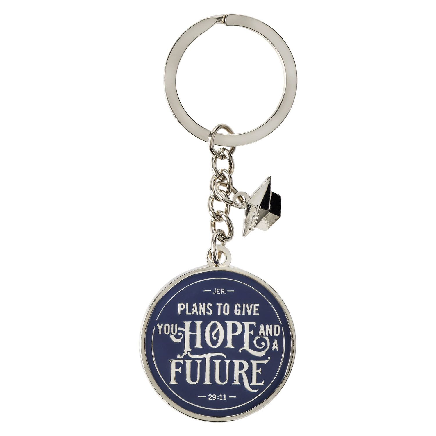 Congrats Grad Hope &amp; a Future Navy Blue Metal Keychain with Link Chain and Charm - Jeremiah 29:11