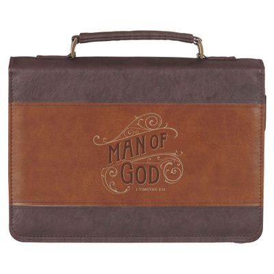 Man of God Honey-Brown and Espresso Faux Leather Bible Cover - 1 Timothy 6:11 (X-Large)