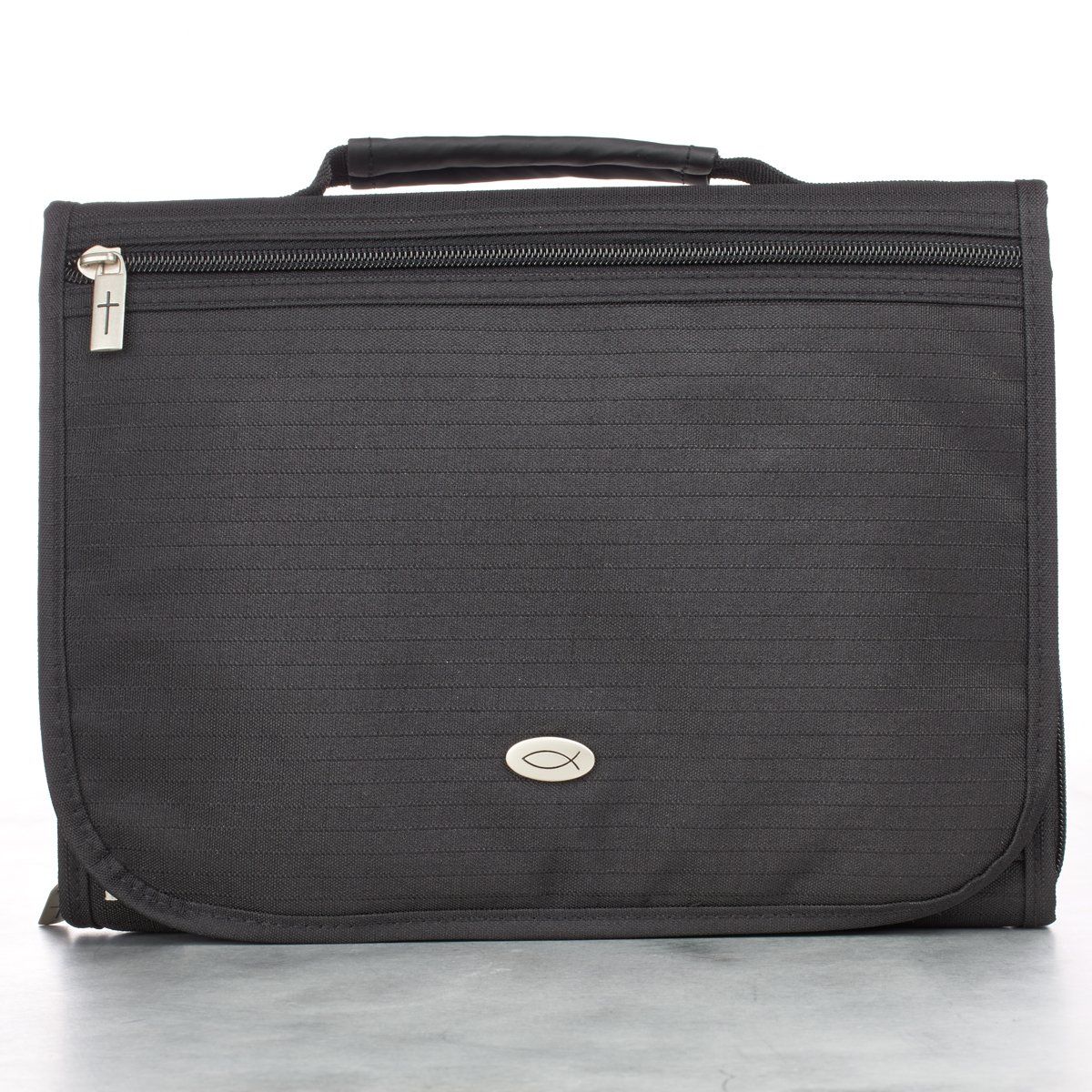 Black Polyester Tri-fold Organizer Bible Cover (Large)