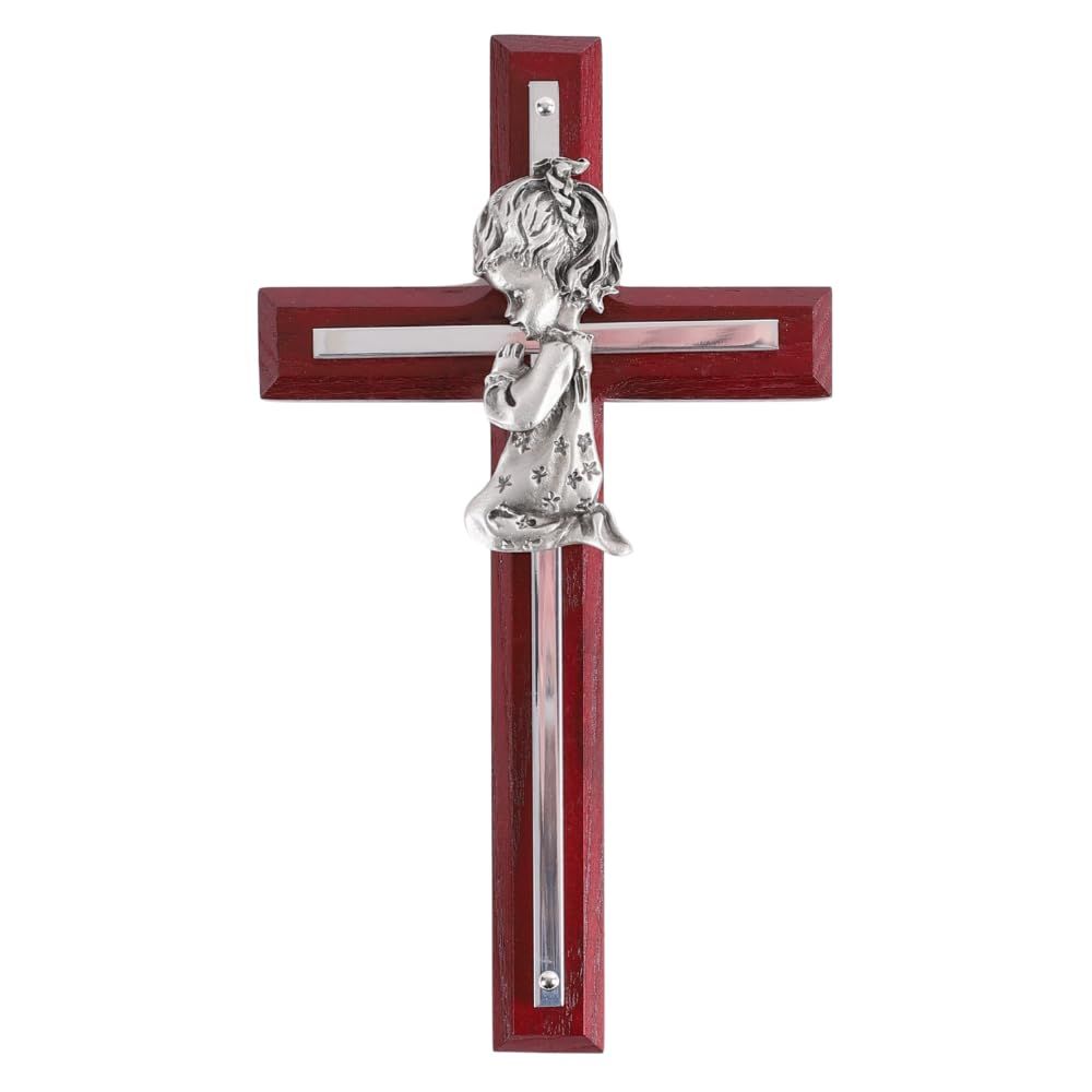 Wall Cross - Cherry Wood with Stainless Steel - Praying Girl