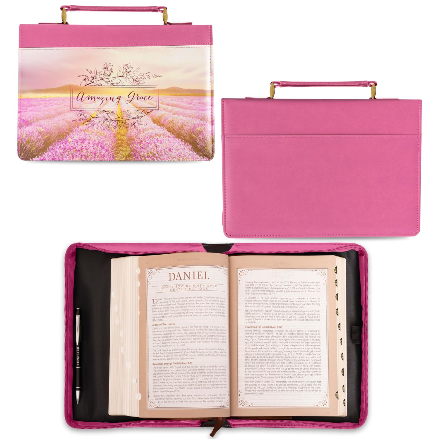 Amazing Grace Flower Field Pink Faux Leather Fashion Bible Cover (Large)