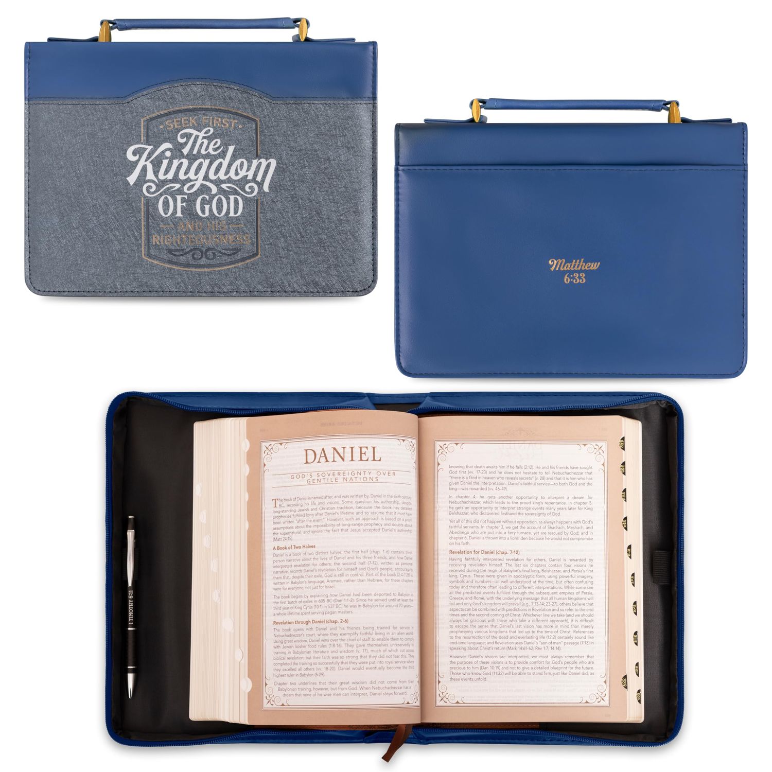 The Kingdom of God Two-tone Blue Faux Leather Fashion Bible Cover - Matthew 6:33 (Medium)