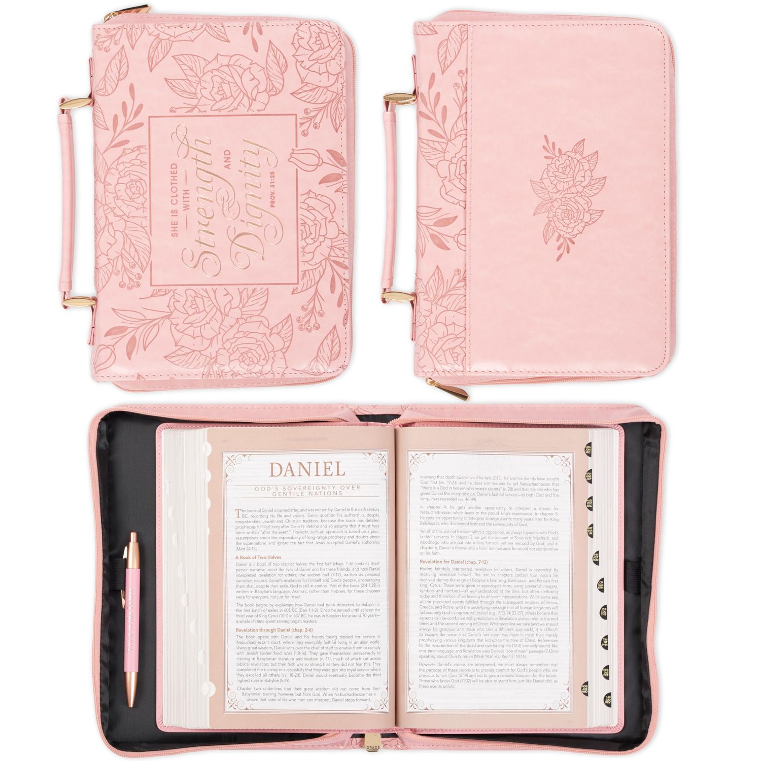 Strength and Dignity Rose Pink Faux Leather Bible Cover - Proverbs 31:25 (Medium)