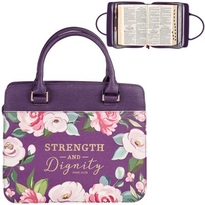 Strength and Dignity Purple Floral Purse-style Bible Cover - Proverbs 31:25 (Medium)