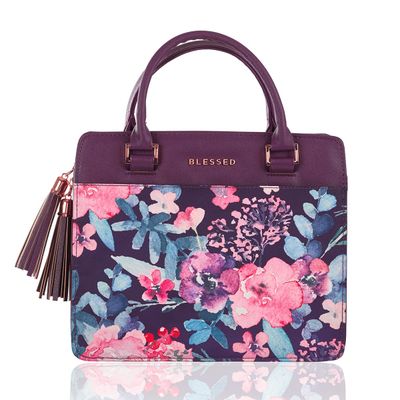 Blessed Purple Floral Faux Leather Purse-style Bible Cover (Large)