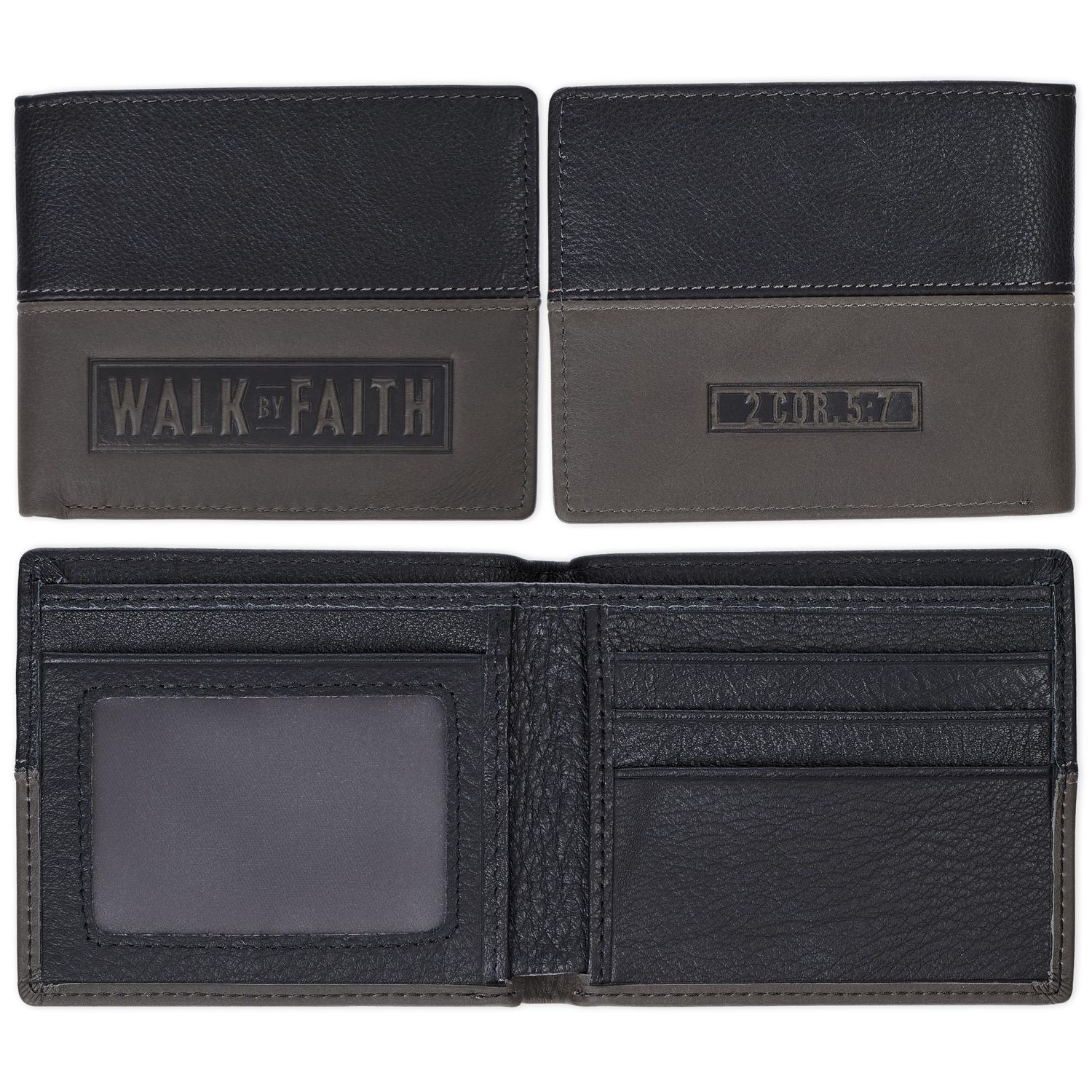 Walk by Faith Black and Gray Full Grain Leather Wallet - 2 Corinthians 5:7