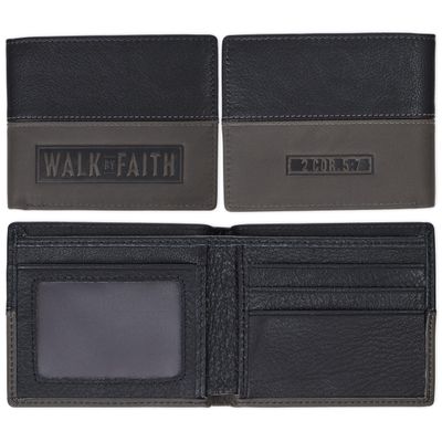 Walk by Faith Black and Gray Full Grain Leather Wallet - 2 Corinthians 5:7