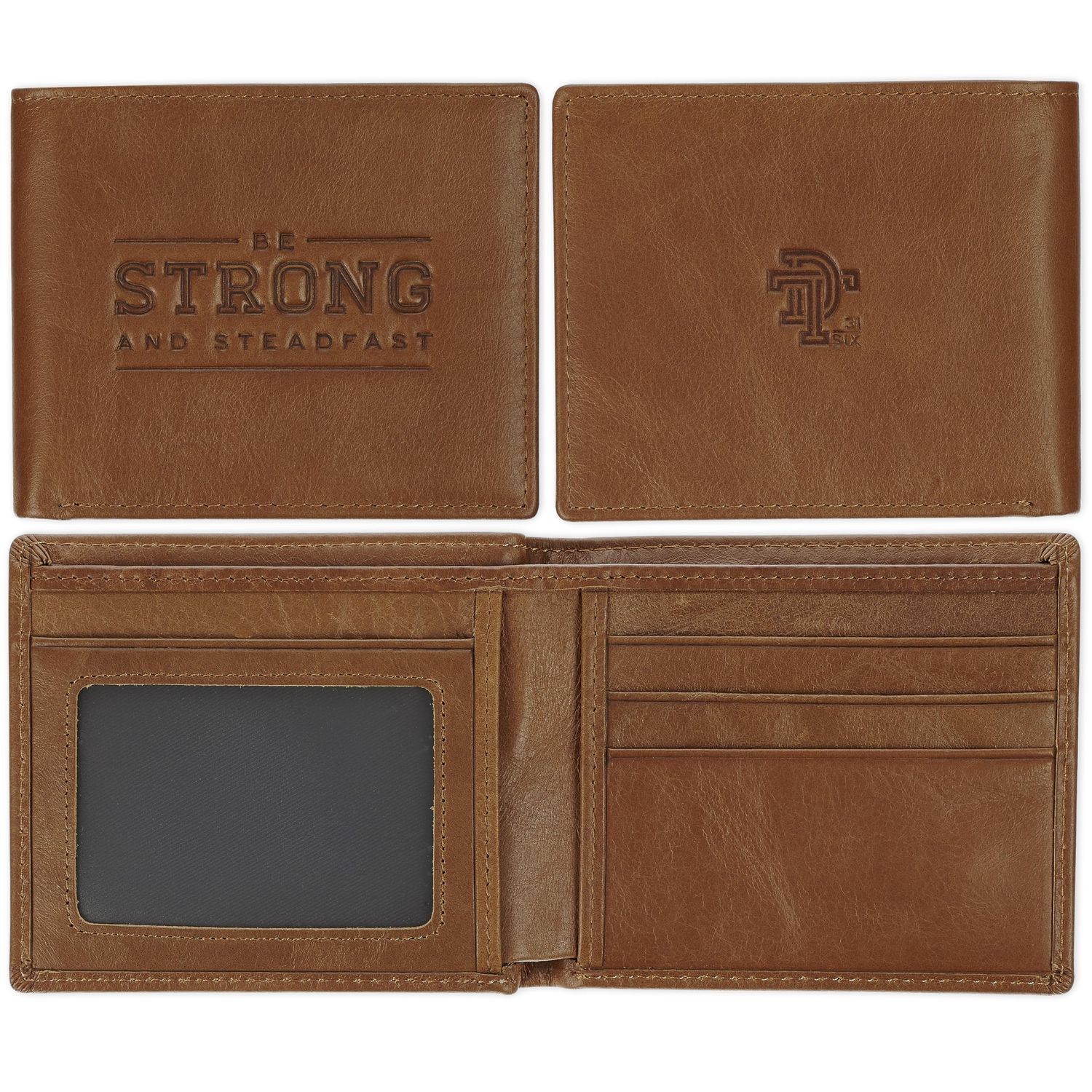 Be Strong and Steadfast Chestnut Brown Full Grain Leather Wallet - Deuteronomy 31:6