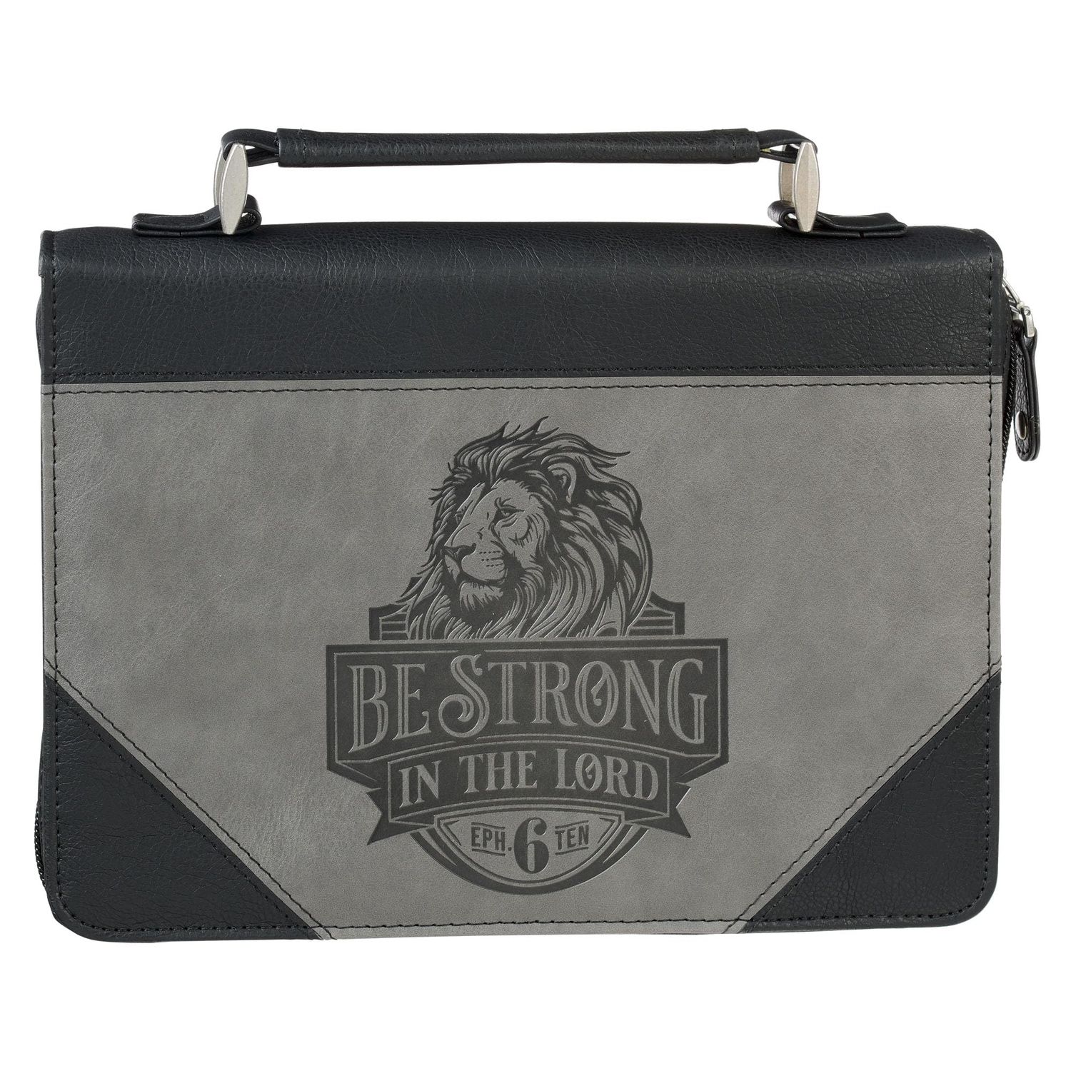 Be Strong in the Lord Black and Gray Lion Faux Leather Classic Bible Cover - Ephesians 6:10, Large