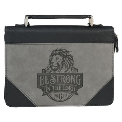 Be Strong in the Lord Black and Gray Lion Faux Leather Classic Bible Cover - Ephesians 6:10, Large