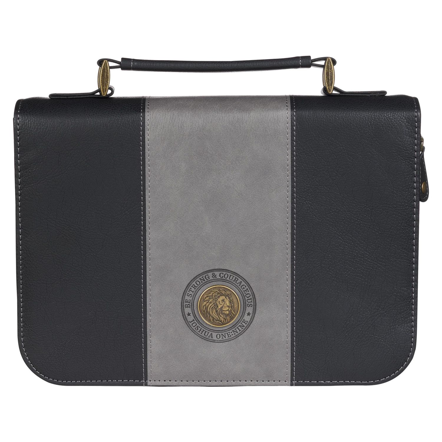 Be Strong and Courageous Gray and Black Faux Leather Classic Bible Cover - Joshua 1:9, Large