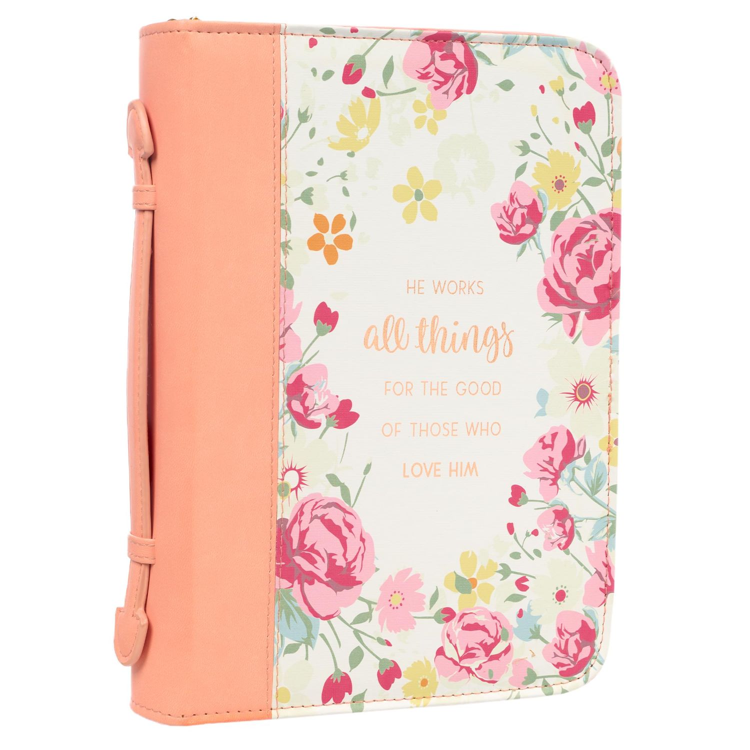 He Works All Things for Good Romans 8:28, Peach Floral Faux Leather Fashion Bible Cover, XL