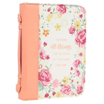 He Works All Things for Good Romans 8:28, Peach Floral Faux Leather Fashion Bible Cover, XL