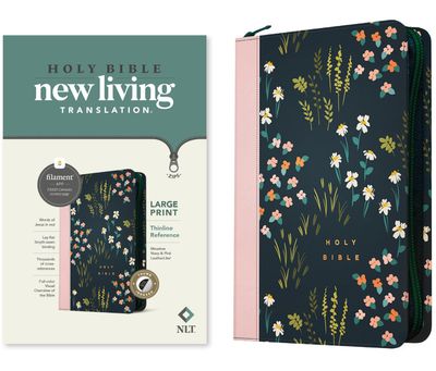 NLT Large Print Thinline Reference Zipper Bible, Filament Enabled (LeatherLike, Meadow Navy Pink , IDX, RL)