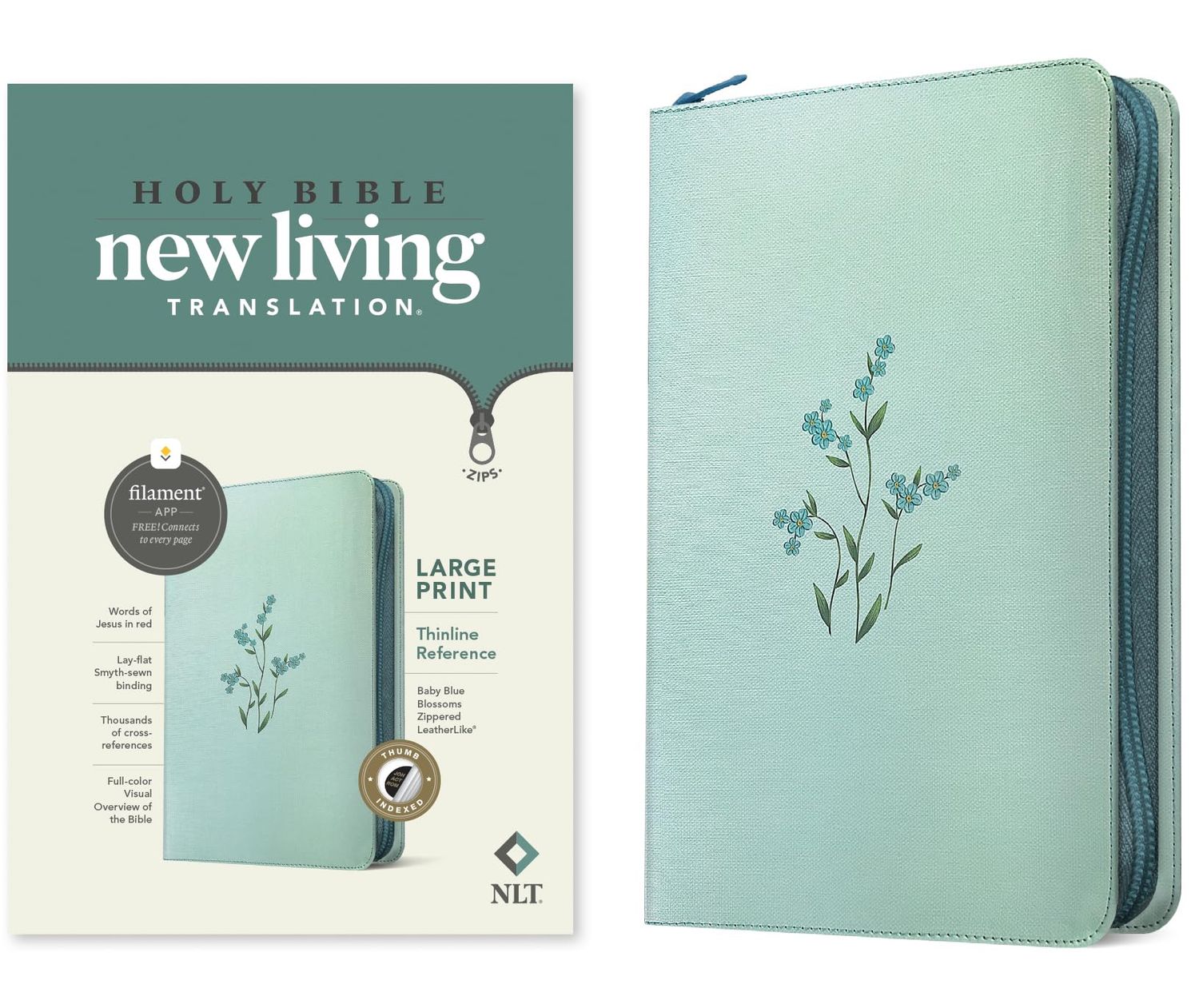 NLT Large Print Thinline Reference Zipper Bible, Filament Enabled (LeatherLike, Baby Blue Blossoms, IDX, RL)