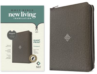 NLT Compact Giant Print Zipper Bible, Filament Enabled (LeatherLike, Woven Cross Gray, Indexed, Red Letter)