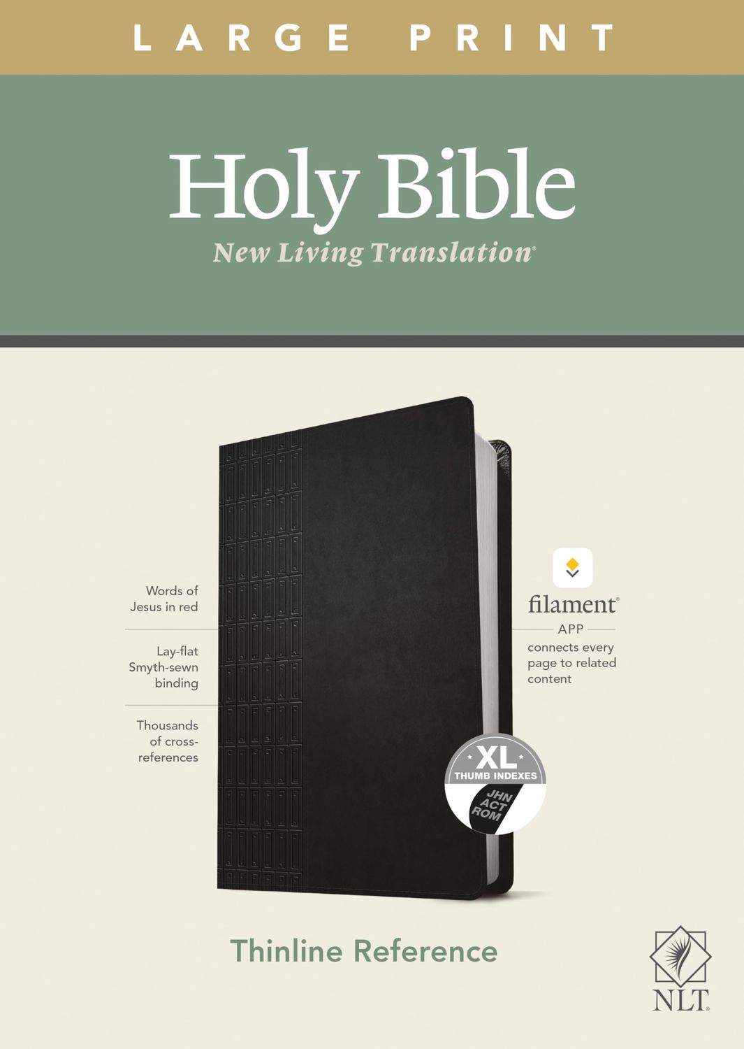 NLT Large Print Thinline Reference Bible, Filament Enabled (LeatherLike, Cross Grip Black, IDX, Red Letter)