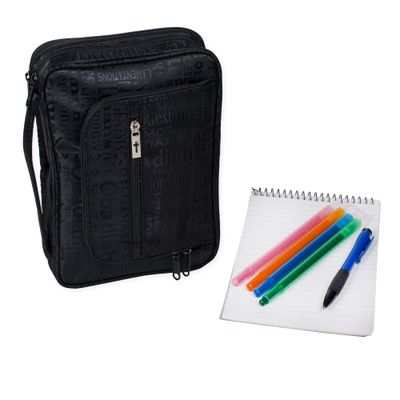 Black Books of Bible Front Pocket Heavy Duty Jacquard Bible Cover Case with Notepad, X-Large