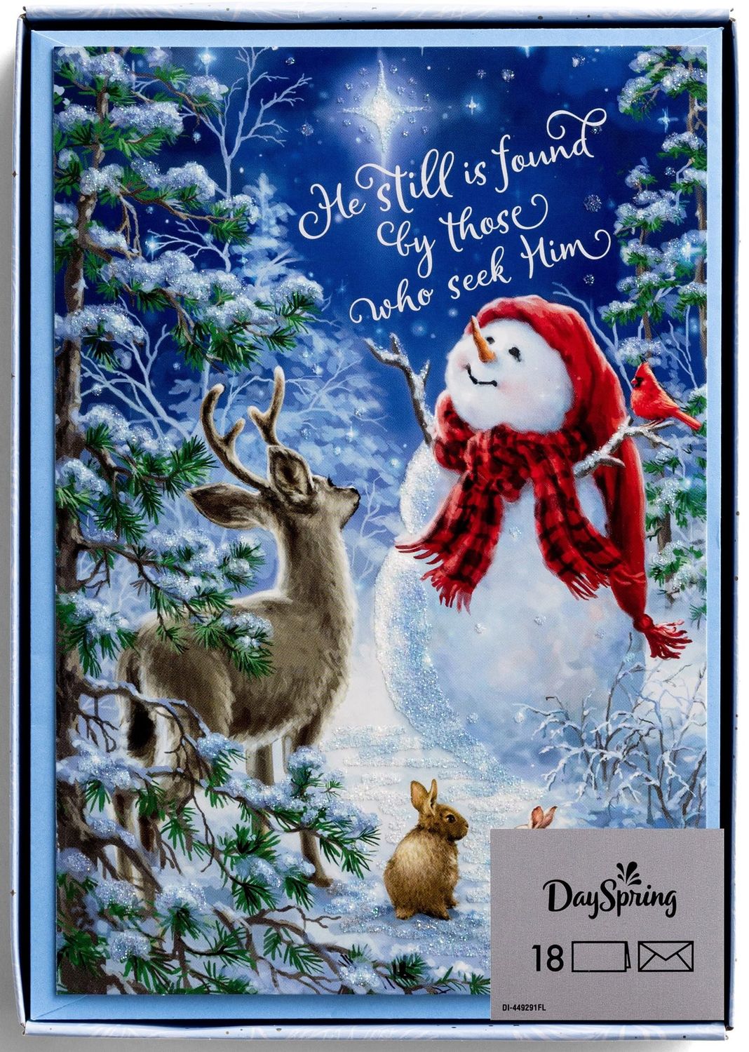 DaySpring Dona Gelsinger - Snowman Gazer &amp; Friends - 18 Christmas Boxed Cards With Blue Envelopes, KJV