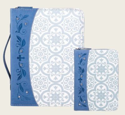 Bible Cover: Blue Tile w/Gem, Large