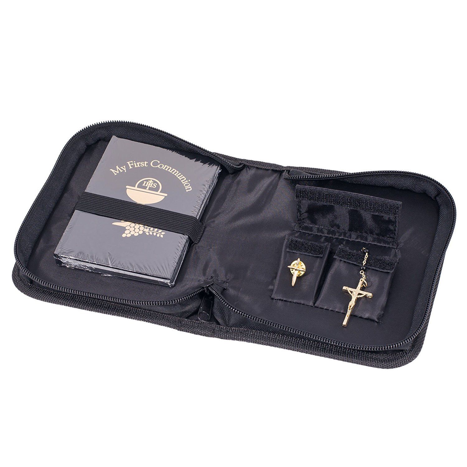 Roman My First Communion Prayer Book Lapel Pin and Rosary in Black Vinyl Folder Set for Boys