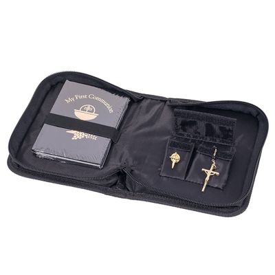 Roman My First Communion Prayer Book Lapel Pin and Rosary in Black Vinyl Folder Set for Boys